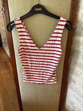 BDG Red & White Striped Stretchy V-Neck Ribbed Tank